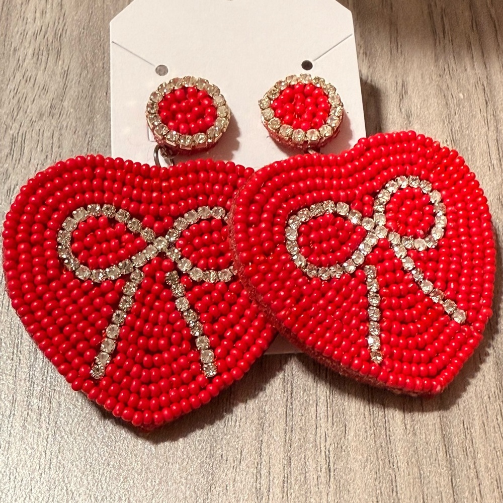 Elegant Red Beaded Heart Earrings with Rhinestone Bow Design